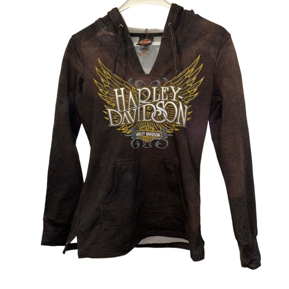 harley davidson WINGS print black brown moto hoodie sweatshirt S